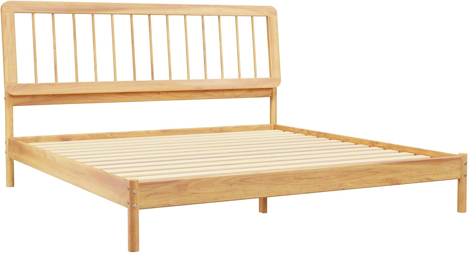 Walker Edison Clemente Mid-Century Modern Spindle Headboard King Bedframe, King Size, Natural Pine