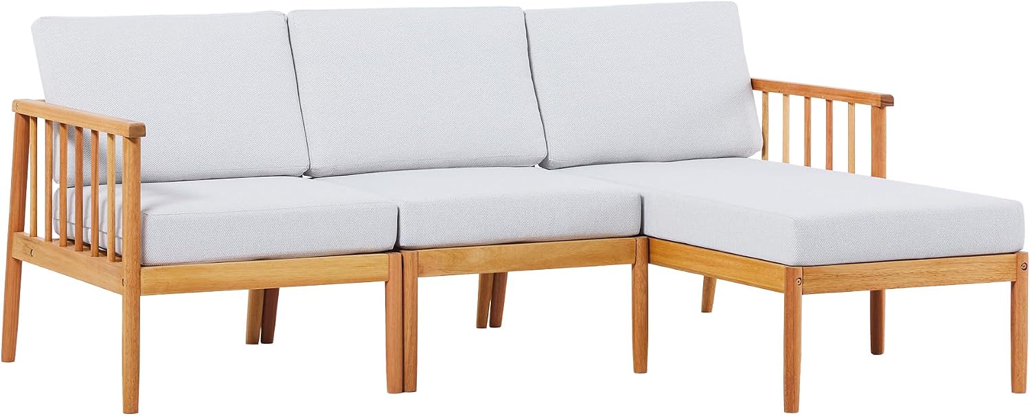 Walker Edison Dekian Modern 3-Piece Spindle-Side Solid Acacia Patio Sectional, Natural