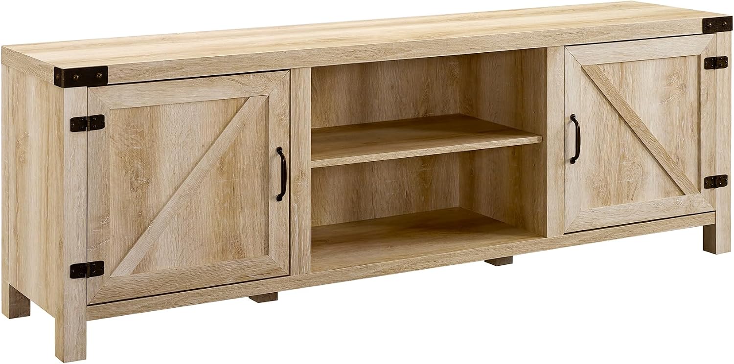 Walker Edison Georgetown Modern Farmhouse Double Barn Door TV Stand for TVs up to 80 Inches, 70 Inch, White Oak, Without Fireplace