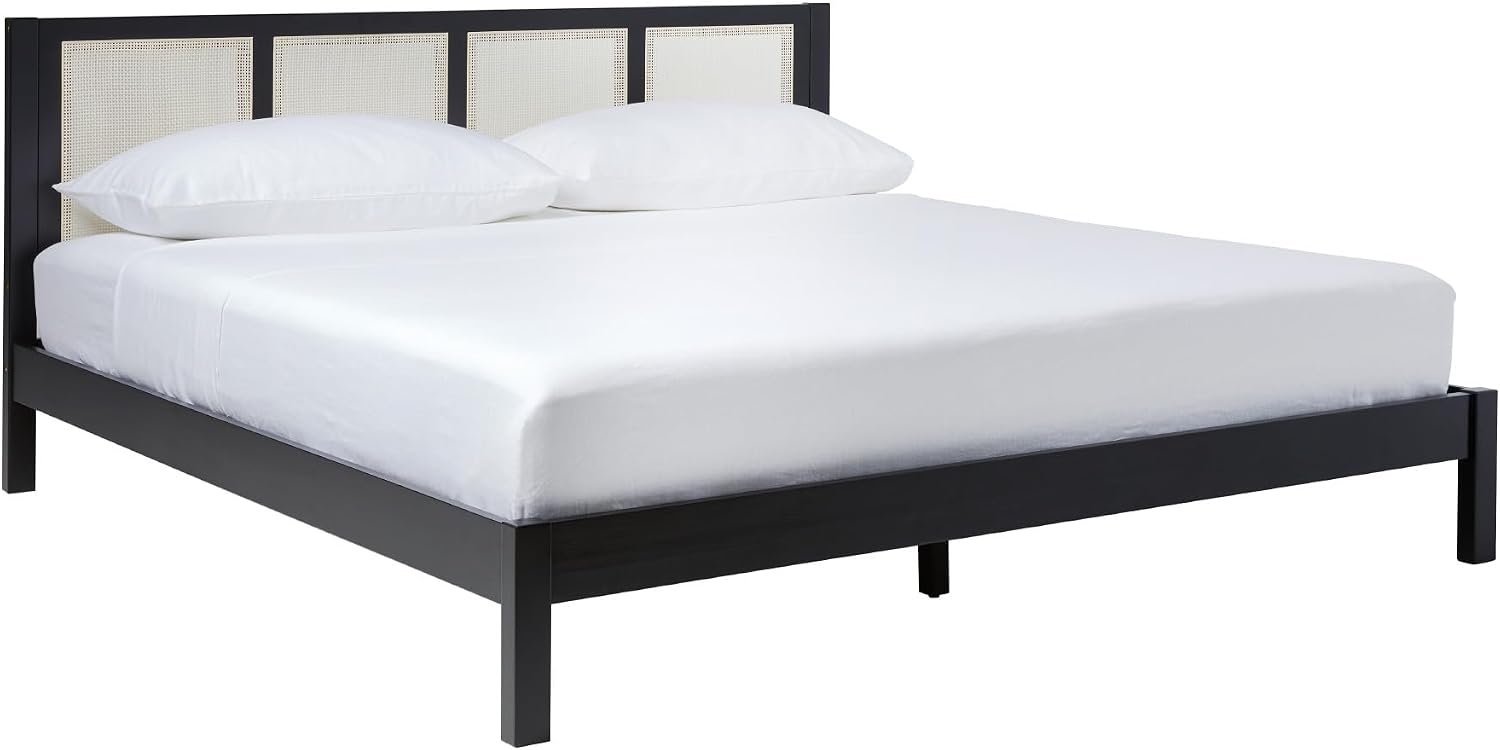 Walker Edison Inaya Solid Wood Rattan Panel Headboard King Bedframe, King Size, Black