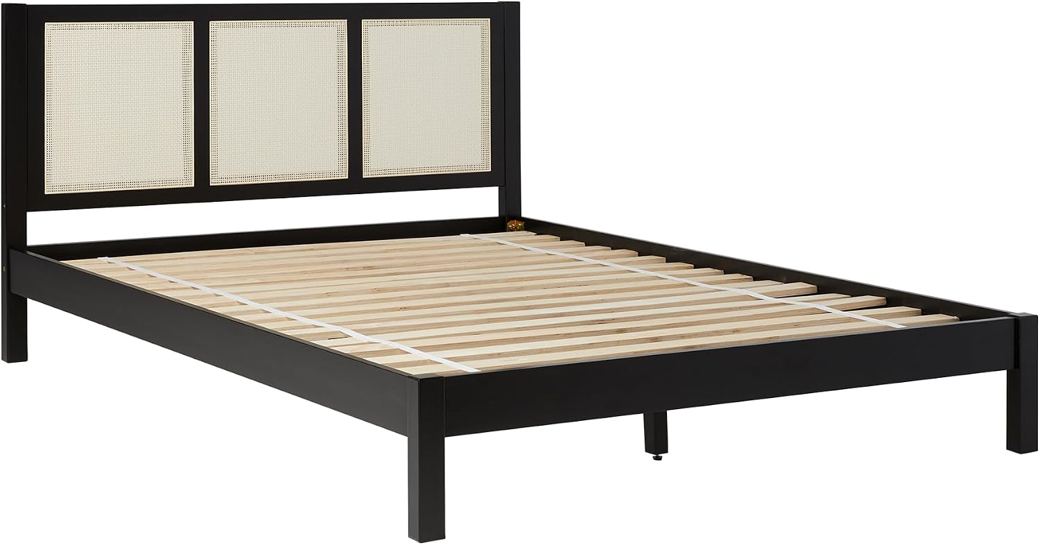 Walker Edison Inaya Solid Wood Rattan Panel Headboard Queen Bedframe, Queen Size, Black