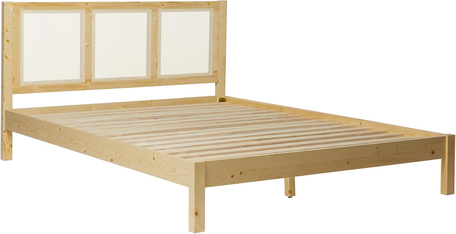 Walker Edison Inaya Solid Wood Rattan Panel Headboard Queen Bedframe, Queen Size, Natural