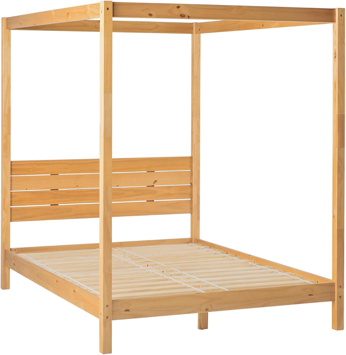 Walker Edison Isla Slatted Headboard Canopy Bedframe, Queen, Natural Pine