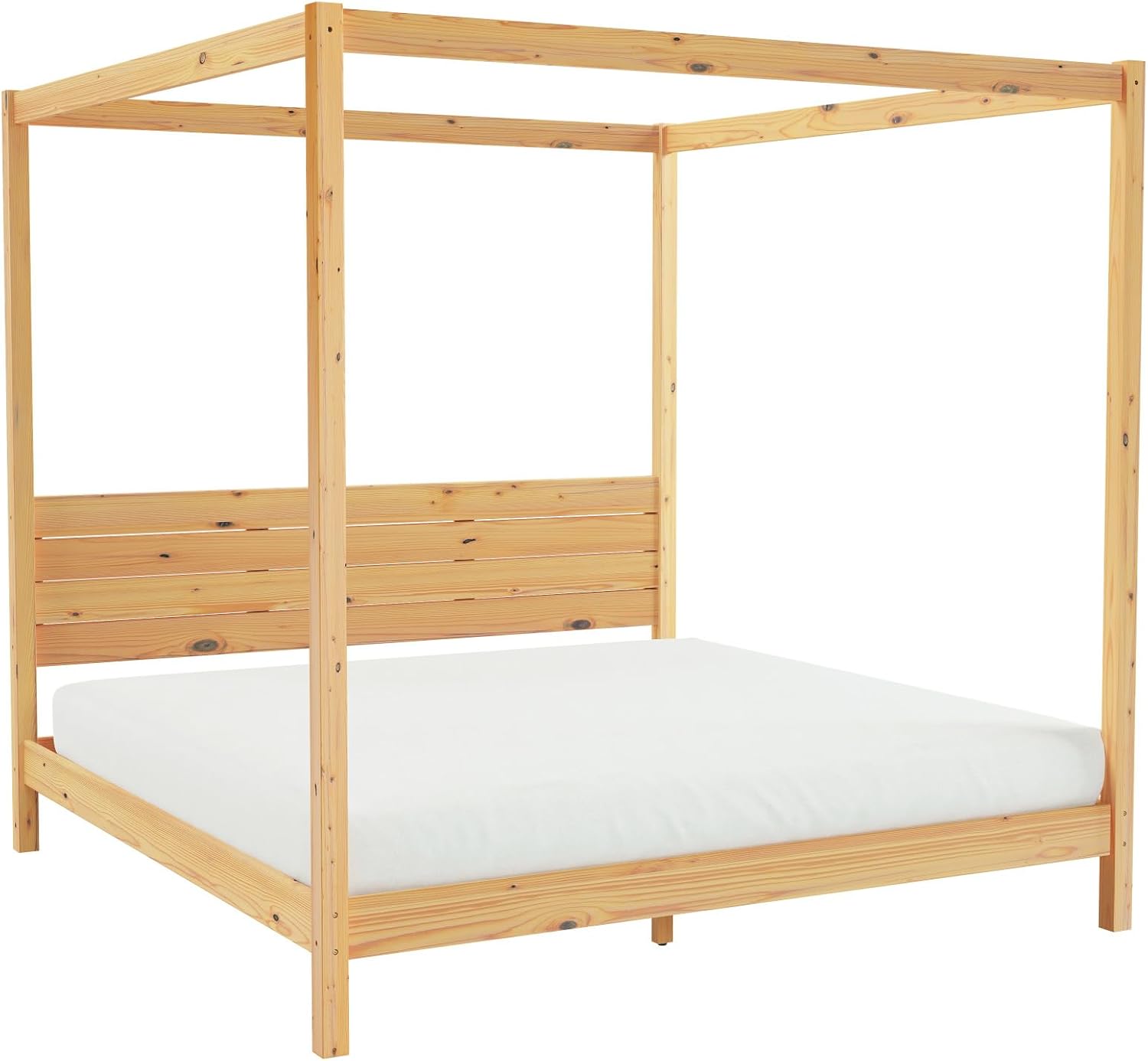 Walker Edison King Minimalist Slatted Headboard Canopy Bedframe, King Size, Natural Pine