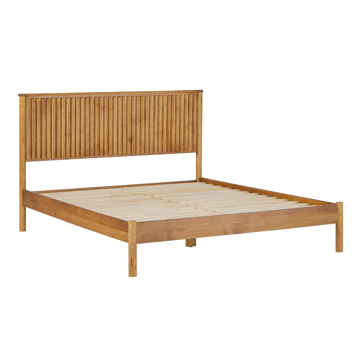 Walker Edison Queen Modern Reeded Headboard Solid Wood Bed, Queen Size, Blonde