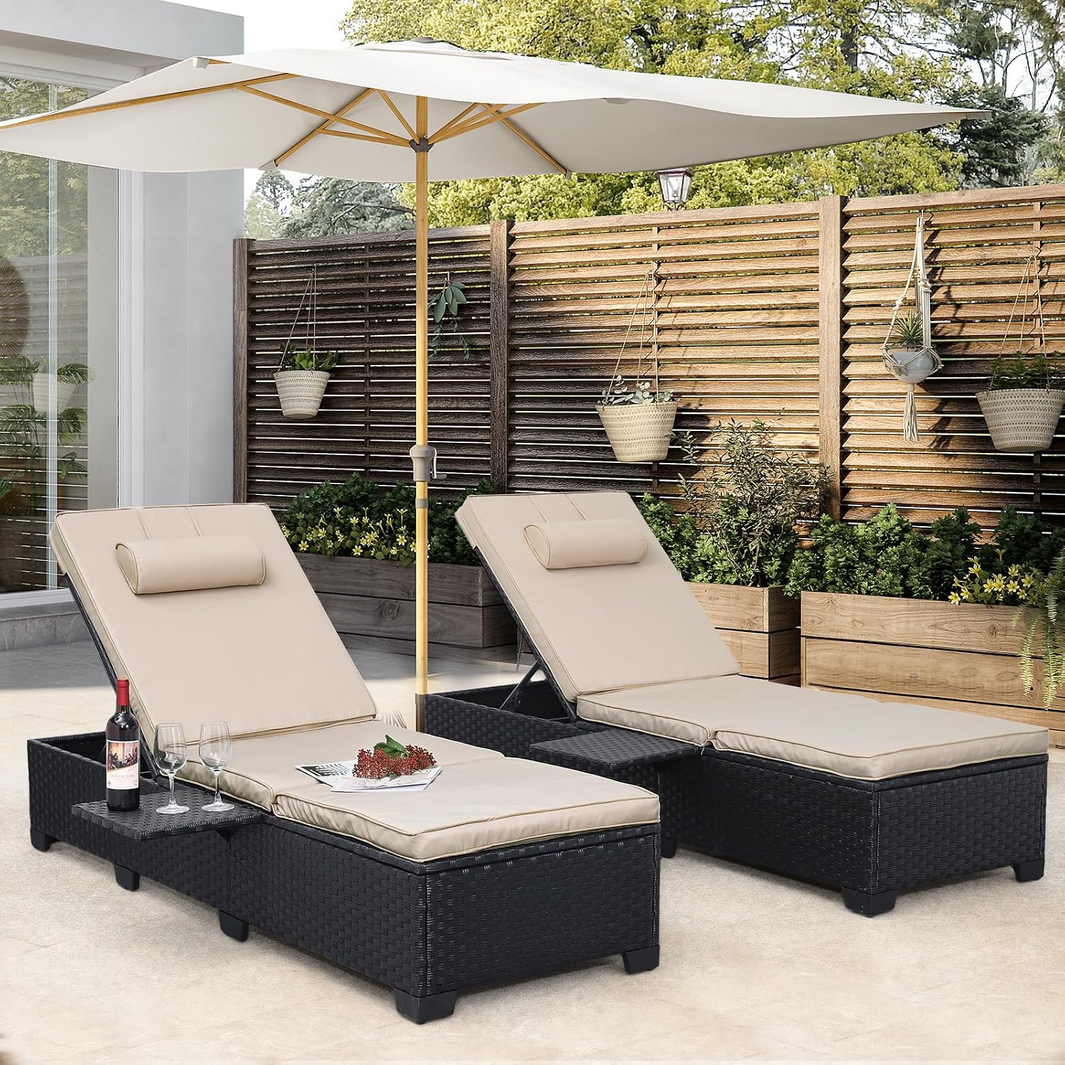 WAROOM Outdoor Chaise Lounge Chairs for Outside Patio Furniture Set of 2 Wicker Recliner Black Rattan Reclining Pool Sunbathing Chair Adjustable Backrest Lounger with Khaki Cushion