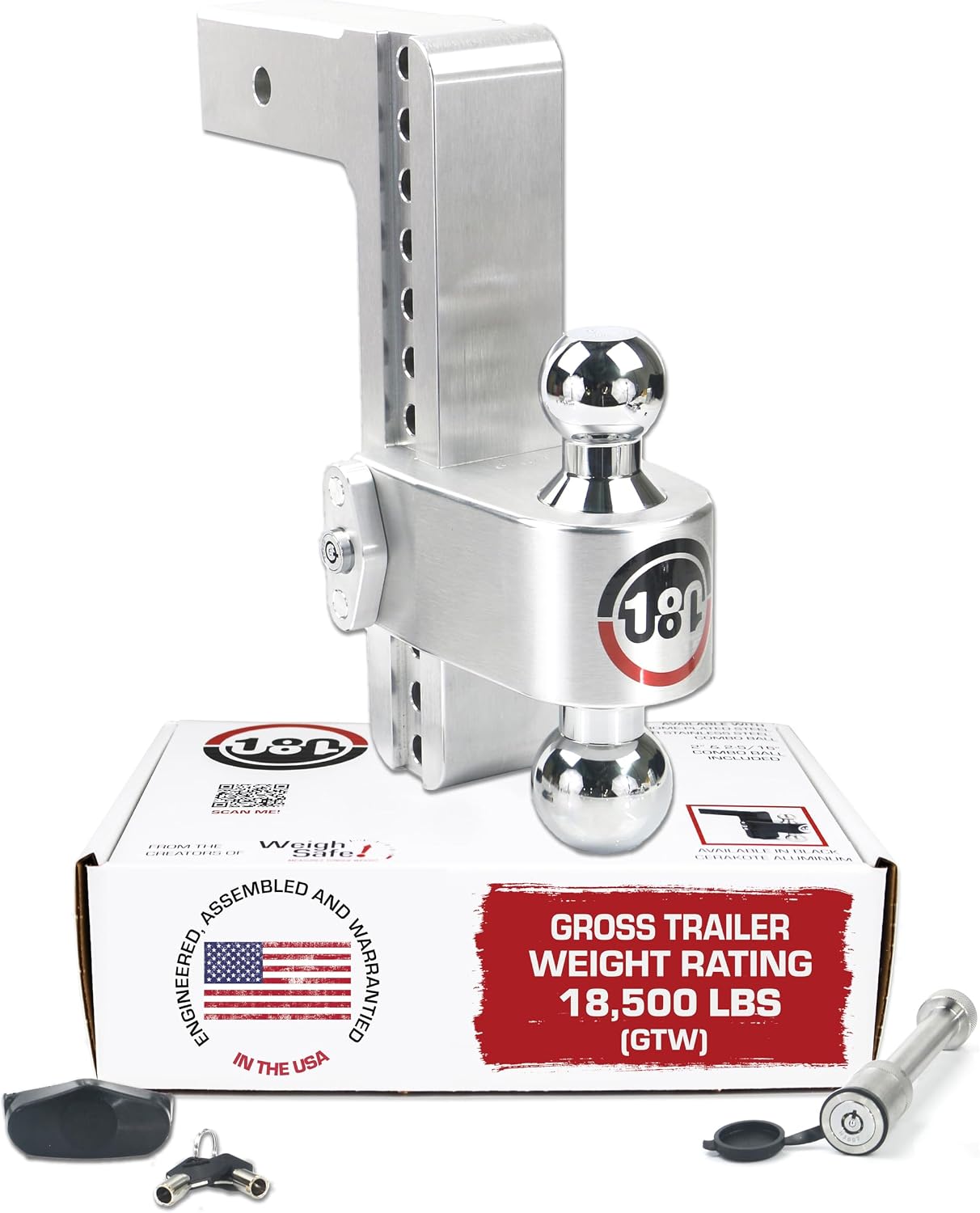 Weigh Safe 180-Degree Adjustable Trailer Hitch 10″ Drop for 2.5″ Receiver, Chrome Tow Balls, 18,500 lbs GTW