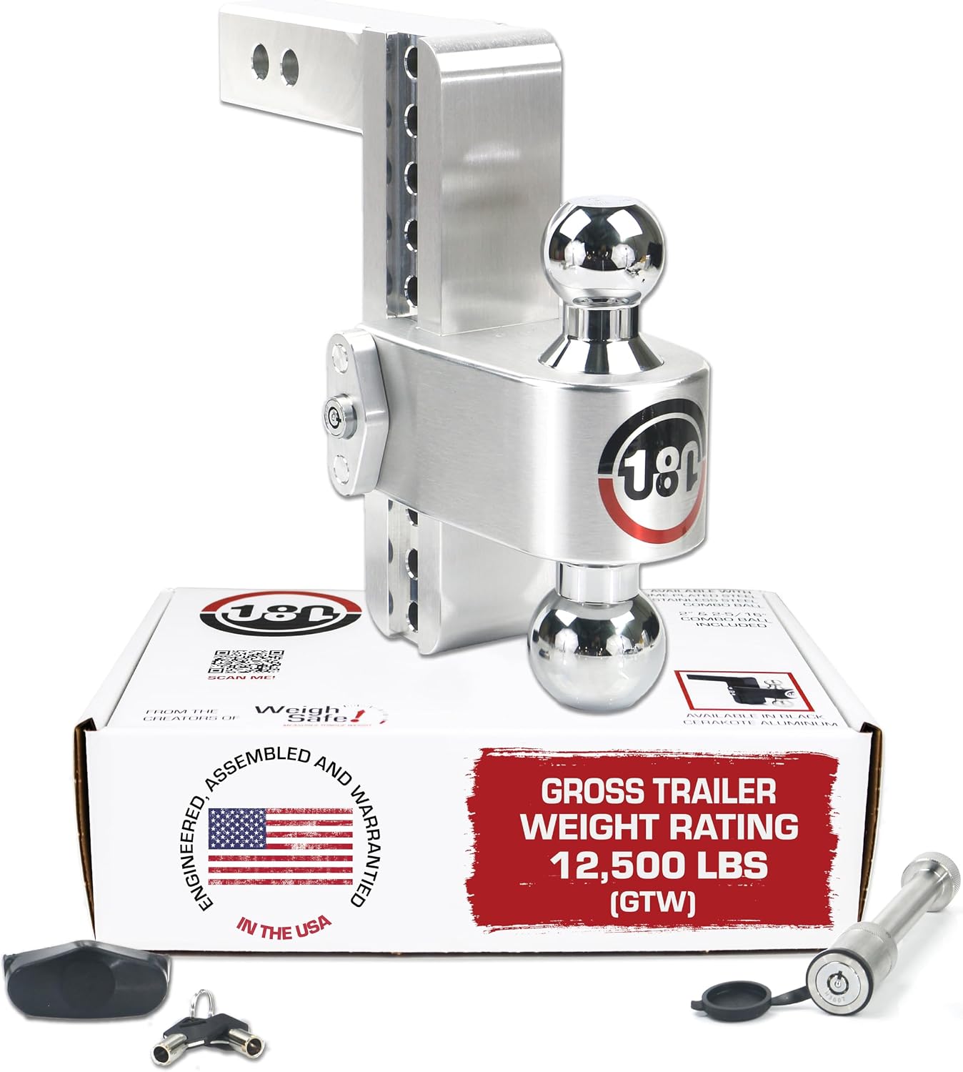 Weigh Safe 180-Degree Adjustable Trailer Hitch 8″ Drop for 2.5″ Receiver, Chrome Tow Balls, 12,500 lbs GTW