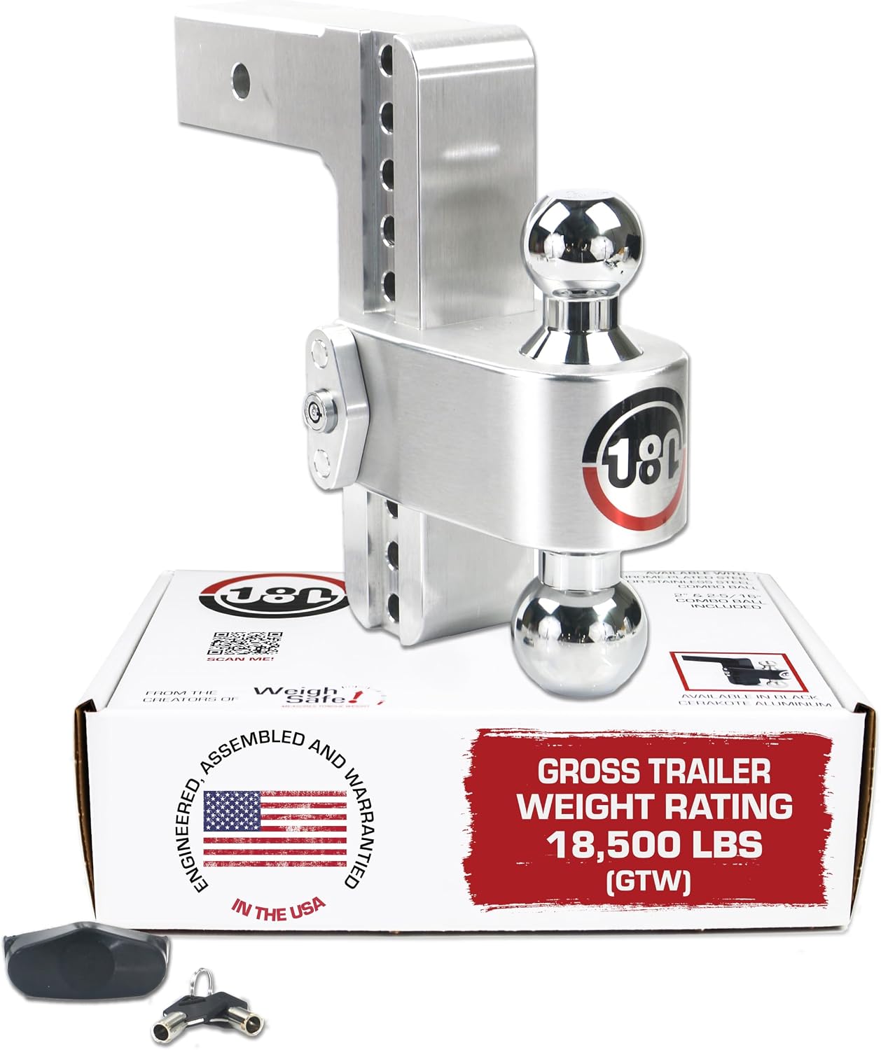 Weigh Safe 180-Degree Adjustable Trailer Hitch 8″ Drop for 2.5″ Receiver, Chrome Tow Balls, 18,500 lbs GTW