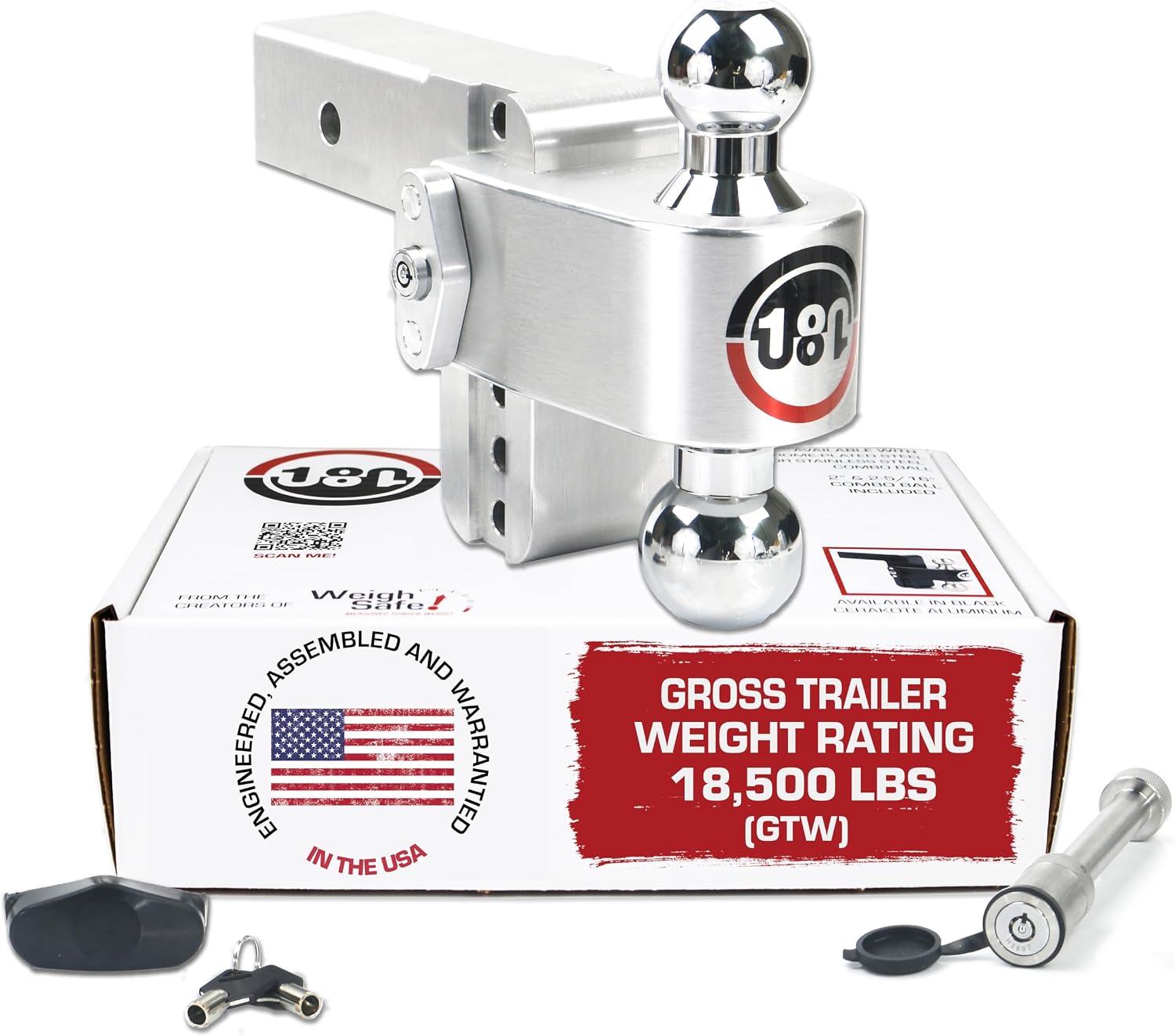 Weigh Safe Adjustable Trailer Hitch 4″ Drop for 2.5″ Receiver, Aluminum Ball Mount, 18,500 lbs GTW