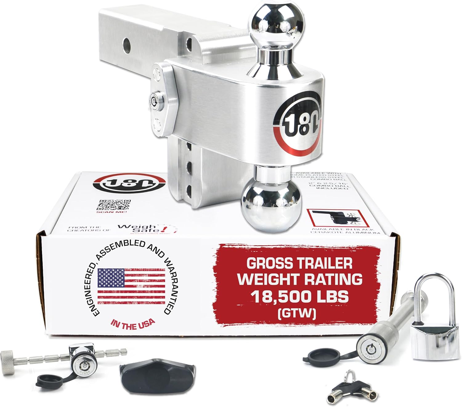 Weigh Safe Adjustable Trailer Hitch 4″ Drop for 2.5″ Receiver, Heavy Duty Aluminum, 18,500 lbs GTW