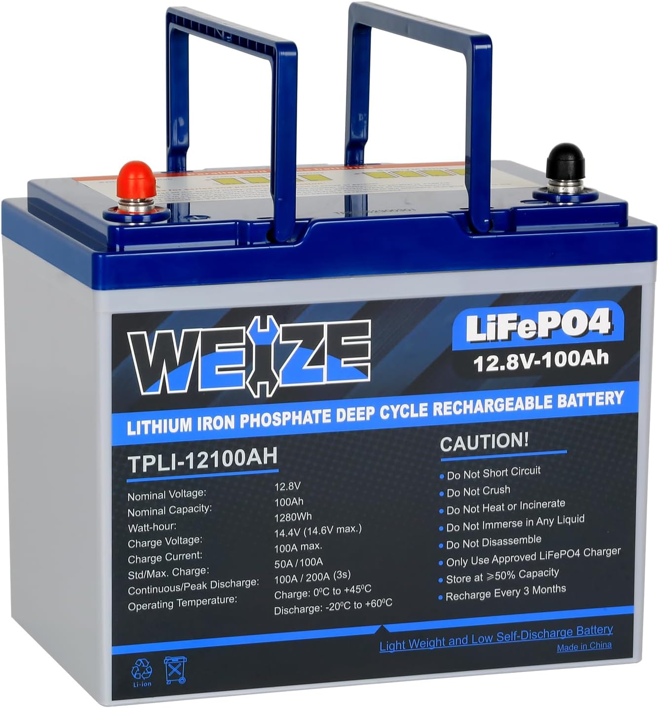 WEIZE 12V 100Ah 1280Wh LiFePO4 Lithium Battery, Upgrade Mini Size, Group 24 Deep Cycle Battery