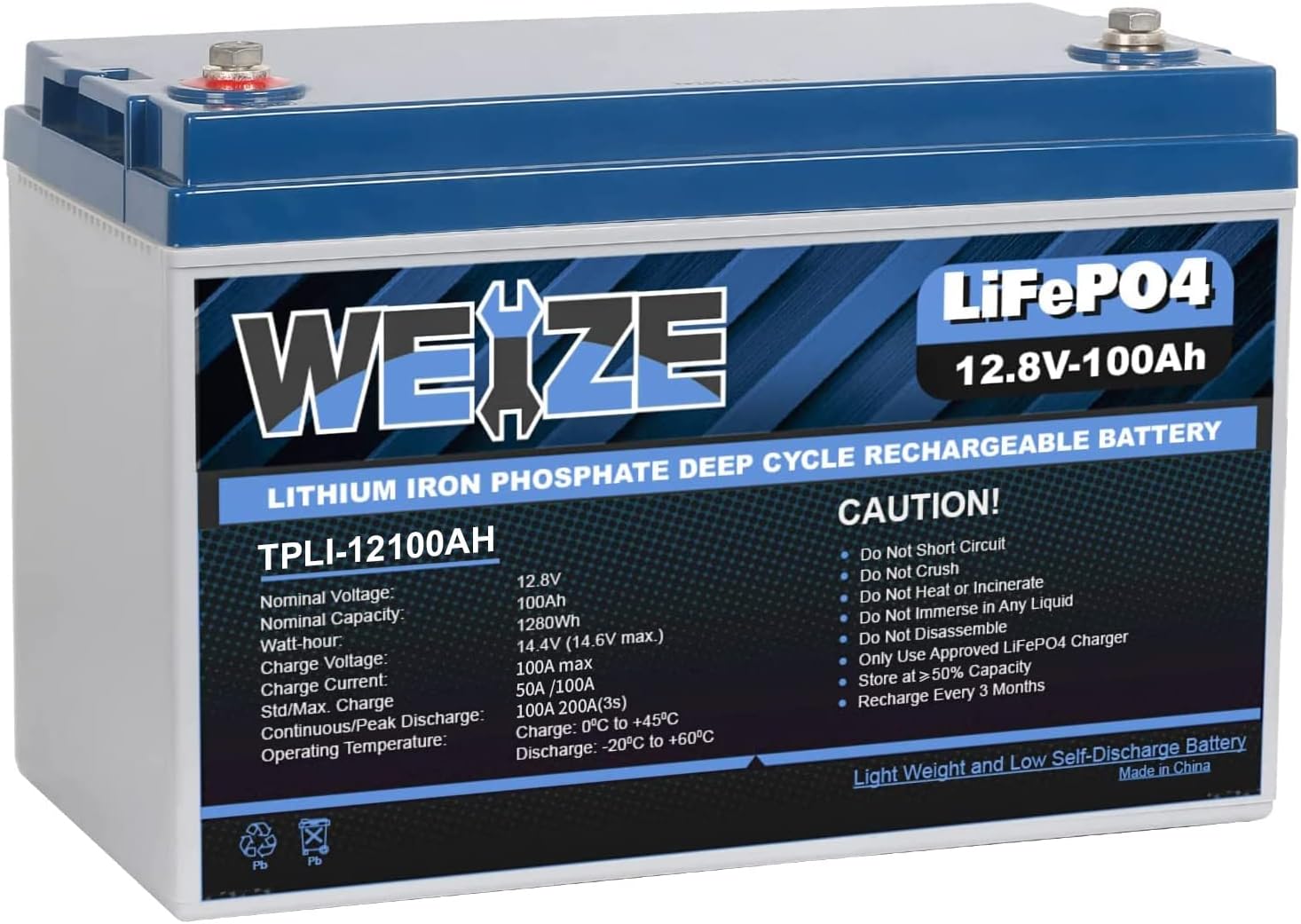 WEIZE 12V 100Ah 1280Wh Lithium Battery, Group 31 Deep Cycle LiFePO4 Battery – BAC-0089VWEI
