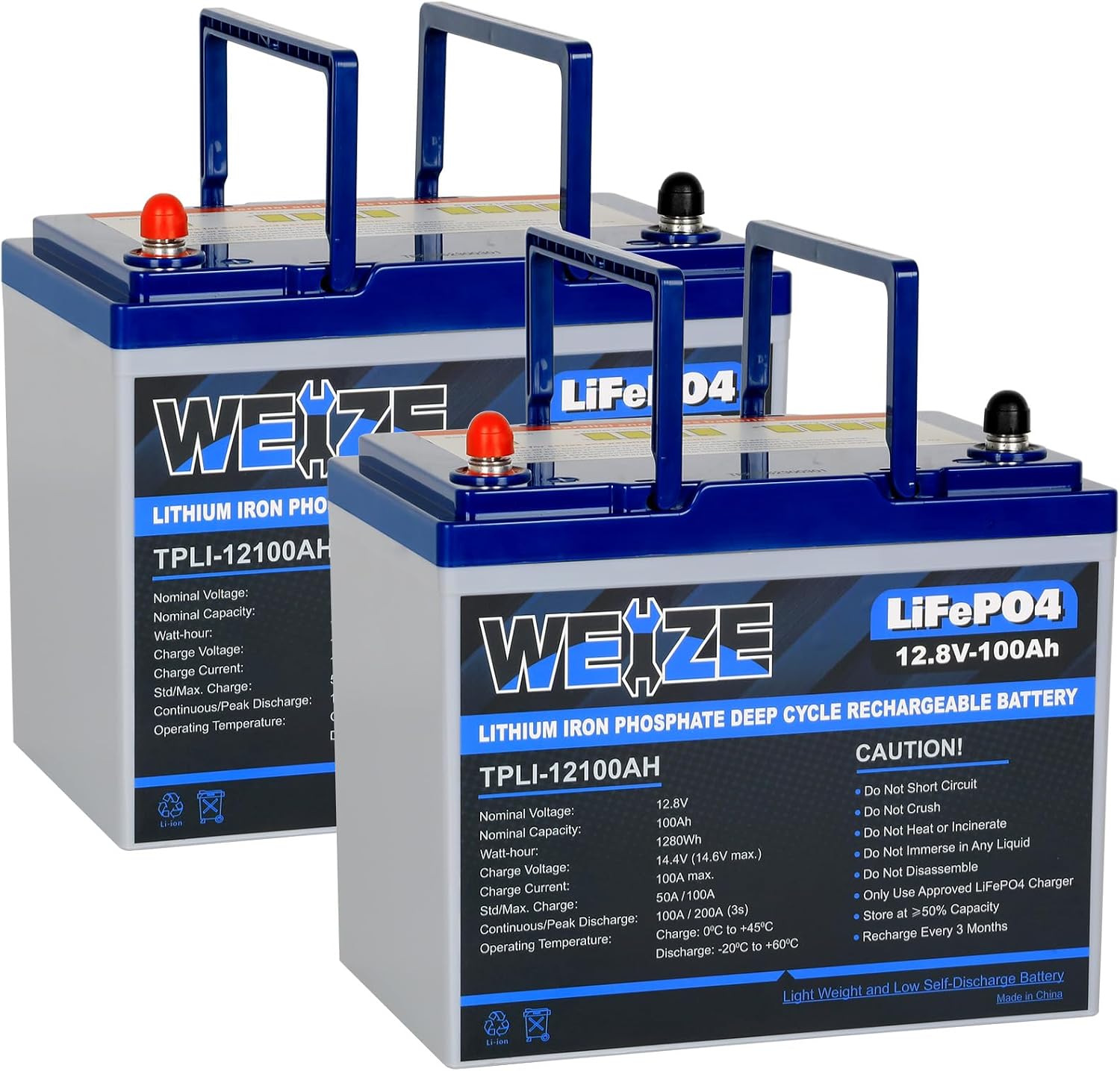 WEIZE 12V 100Ah LiFePO4 Battery (2 Pack), Mini Size, 100A Smart BMS, Deep Cycle, Low-Temp Protection for RV, Solar, Marine