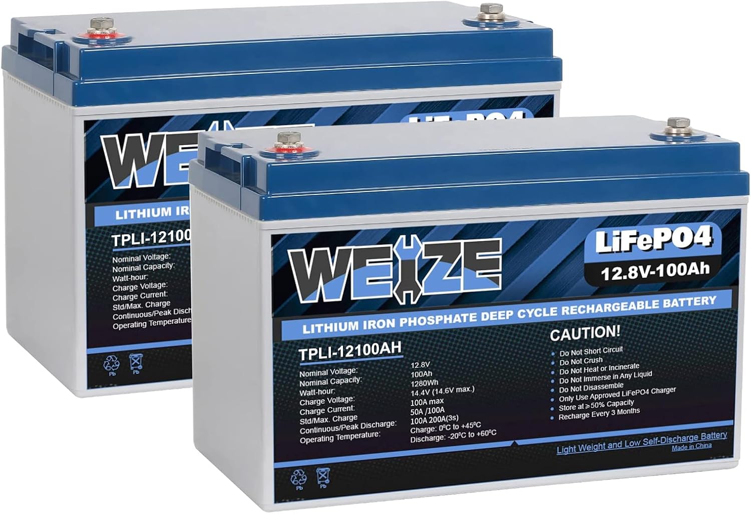 WEIZE 12V 100Ah LiFePO4 Battery Group 31 (2 Pack), 100A BMS, Low-Temp Protection, Deep Cycle for RV, Solar, Marine, Camping