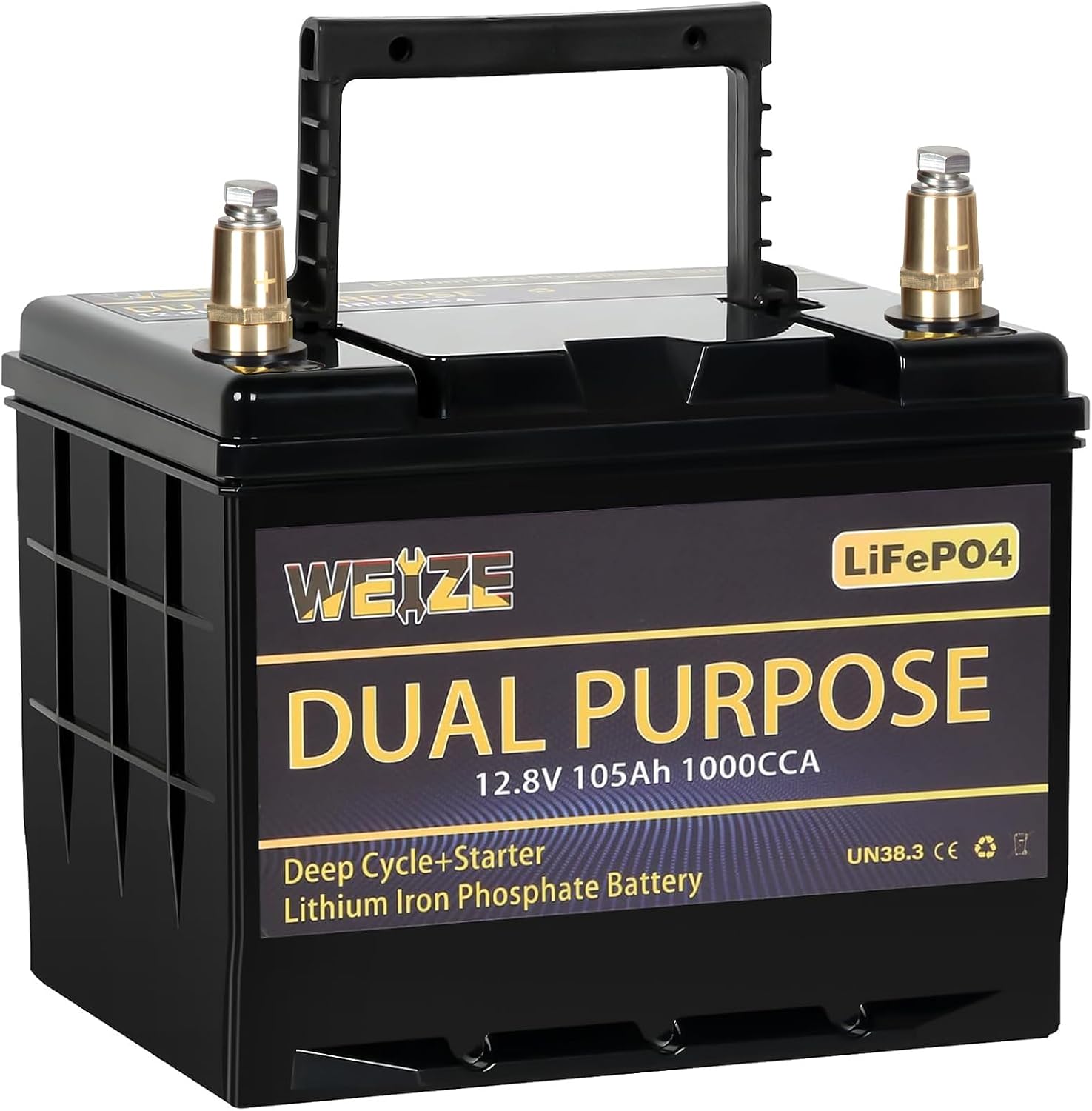 WEIZE 12V 105AH Dual Purpose LiFePO4 Lithium Battery, Starter & Deep Cycle, Marine & RV Battery
