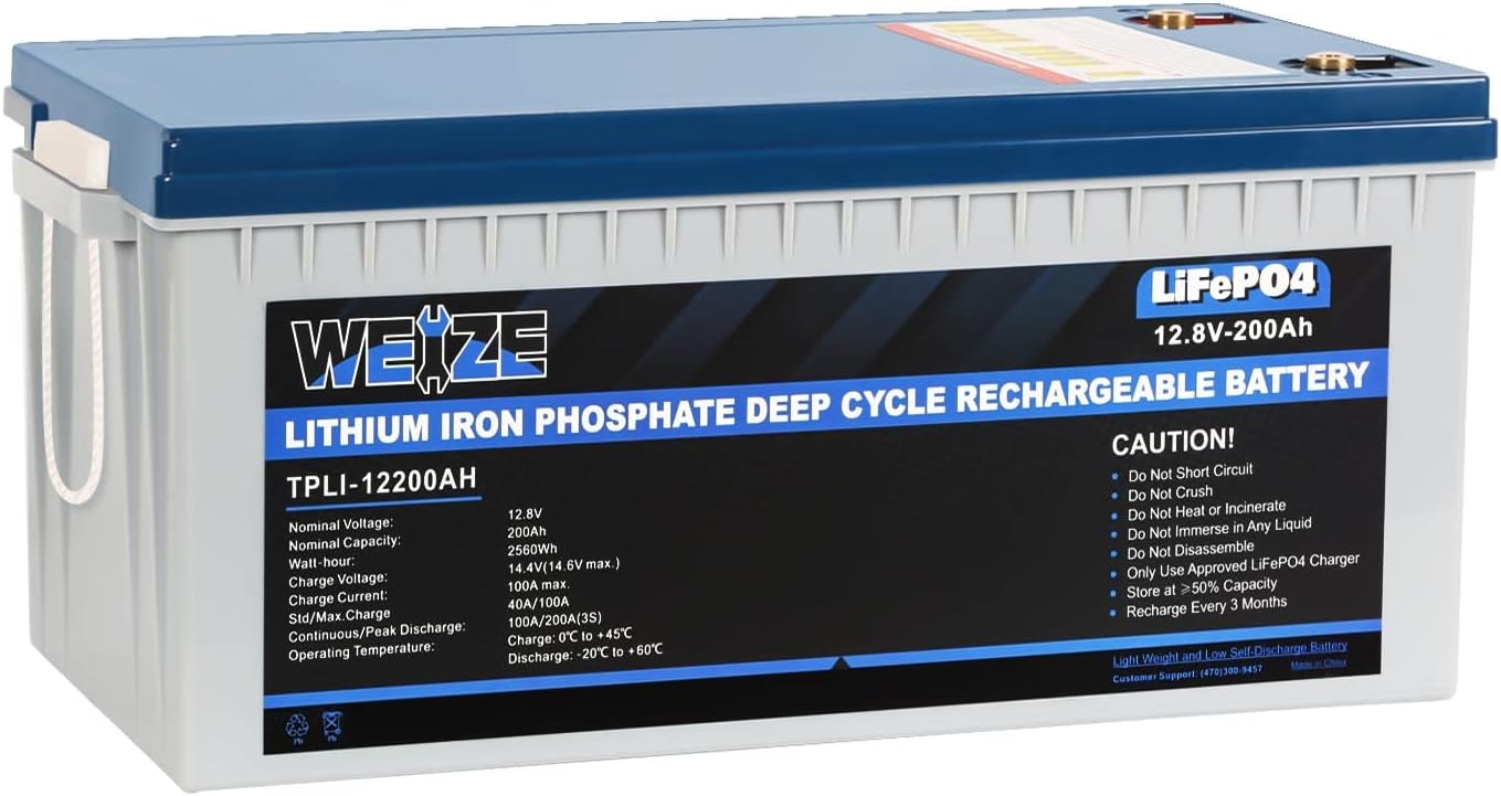 WEIZE 12V 200Ah LiFePO4 Lithium Battery, Smart BMS, 8000+ Cycles, Low-Temp Protection for RV, Solar, Marine, Off-Grid
