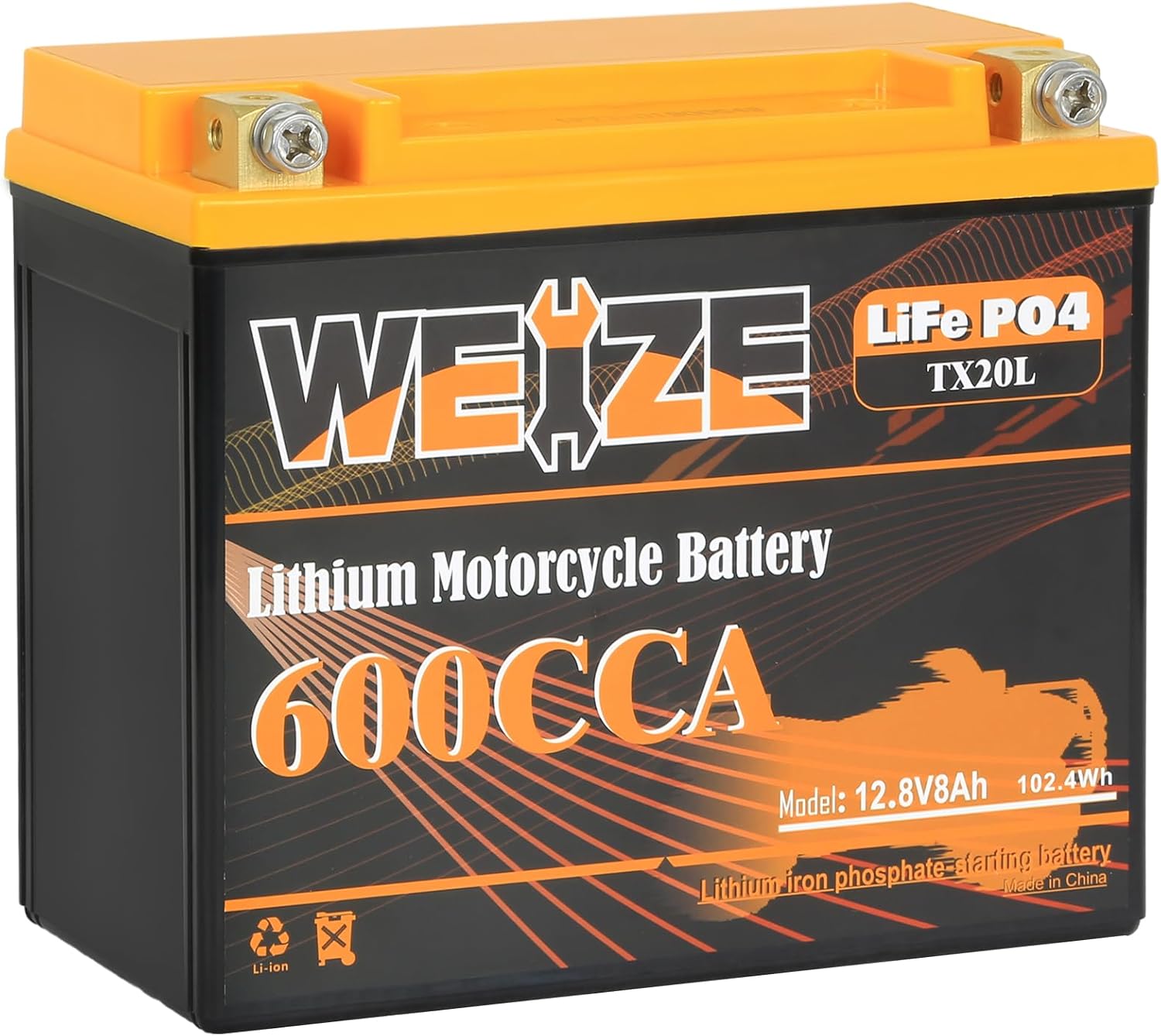 WEIZE 12V 8AH Group 20, 600CCA LiFePO4 Lithium Motorcycle Battery
