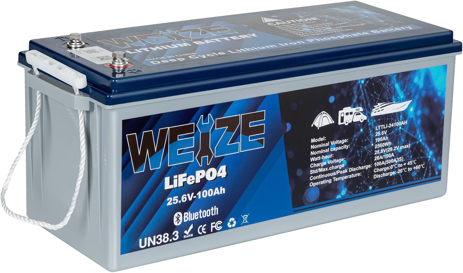 WEIZE 24V 100Ah Bluetooth LiFePO4 Battery, 150A BMS, Low-Temp Protection, Deep Cycle for RV, Solar, Camping, Off-Grid