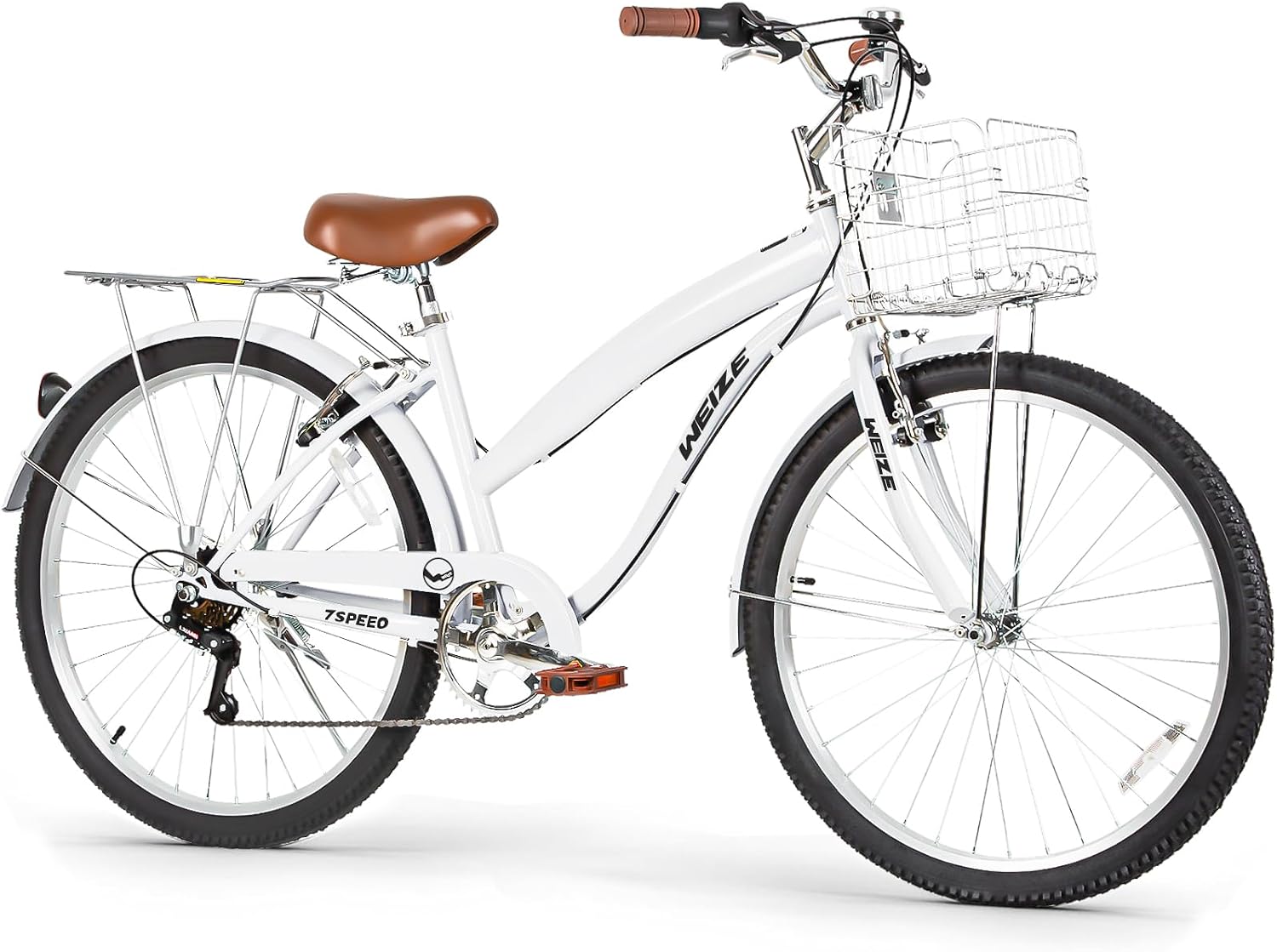 WEIZE 26-Inch White Beach Cruiser Bike – 7-Speed Commuter Bicycle for Adults – KBC-6054