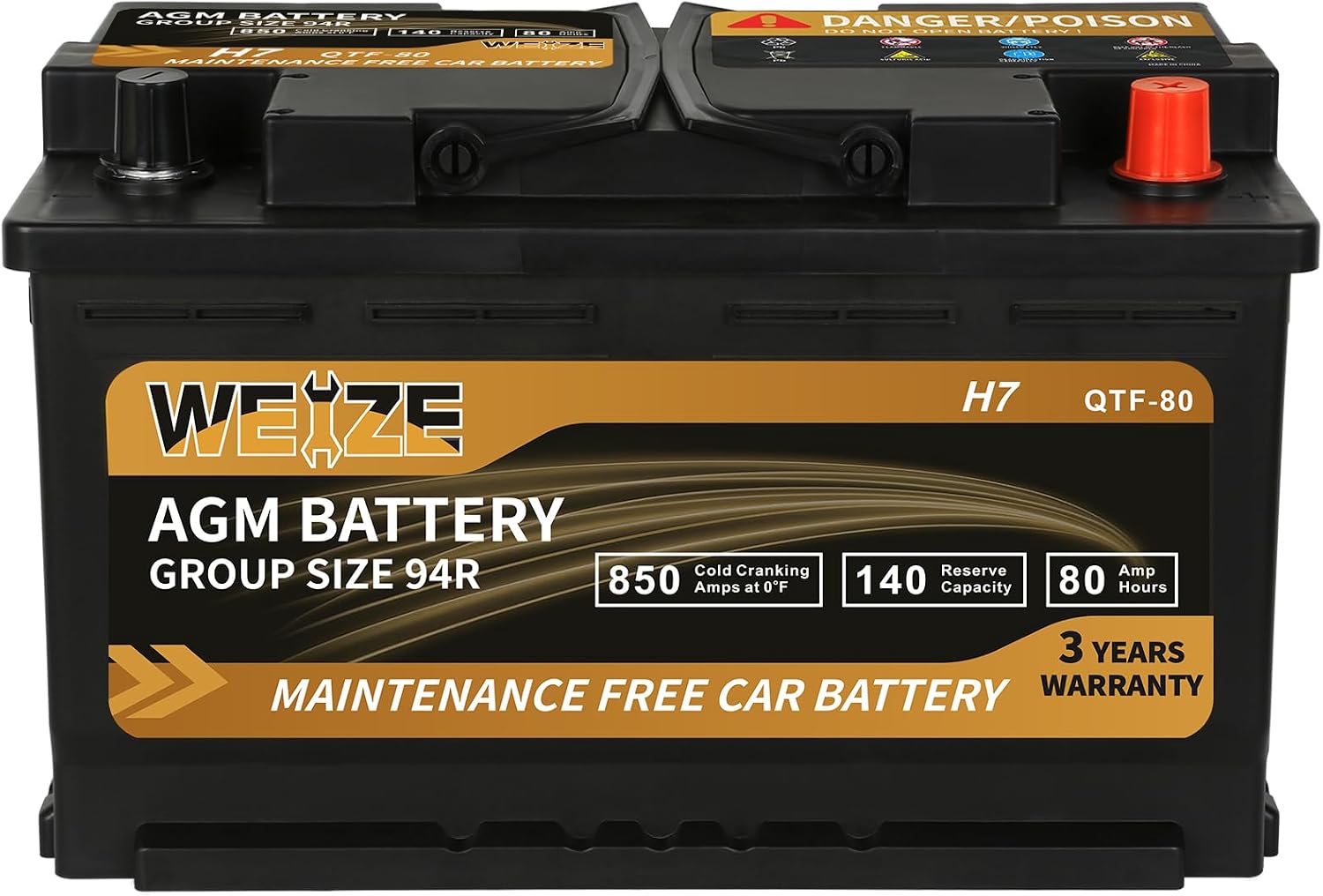 WEIZE Wise Series 94R AGM Car Battery – 12V 80Ah H7 Automotive Replacement Battery