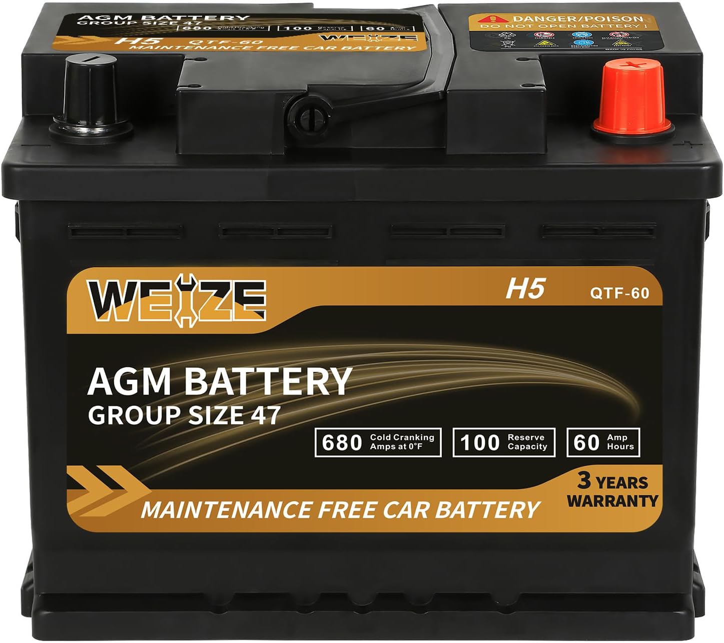 WEIZE Wise Series Group 47 AGM Car Battery – 12V 60Ah H5 Automotive Replacement Battery