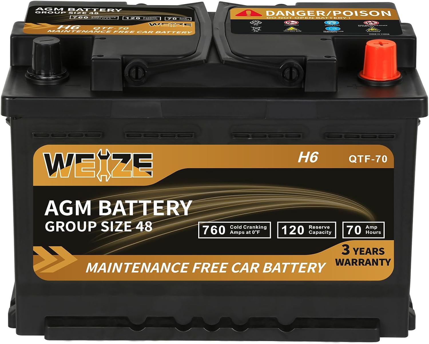 WEIZE Wise Series Group 48 AGM Car Battery – 12V 70Ah H6 Automotive Replacement Battery