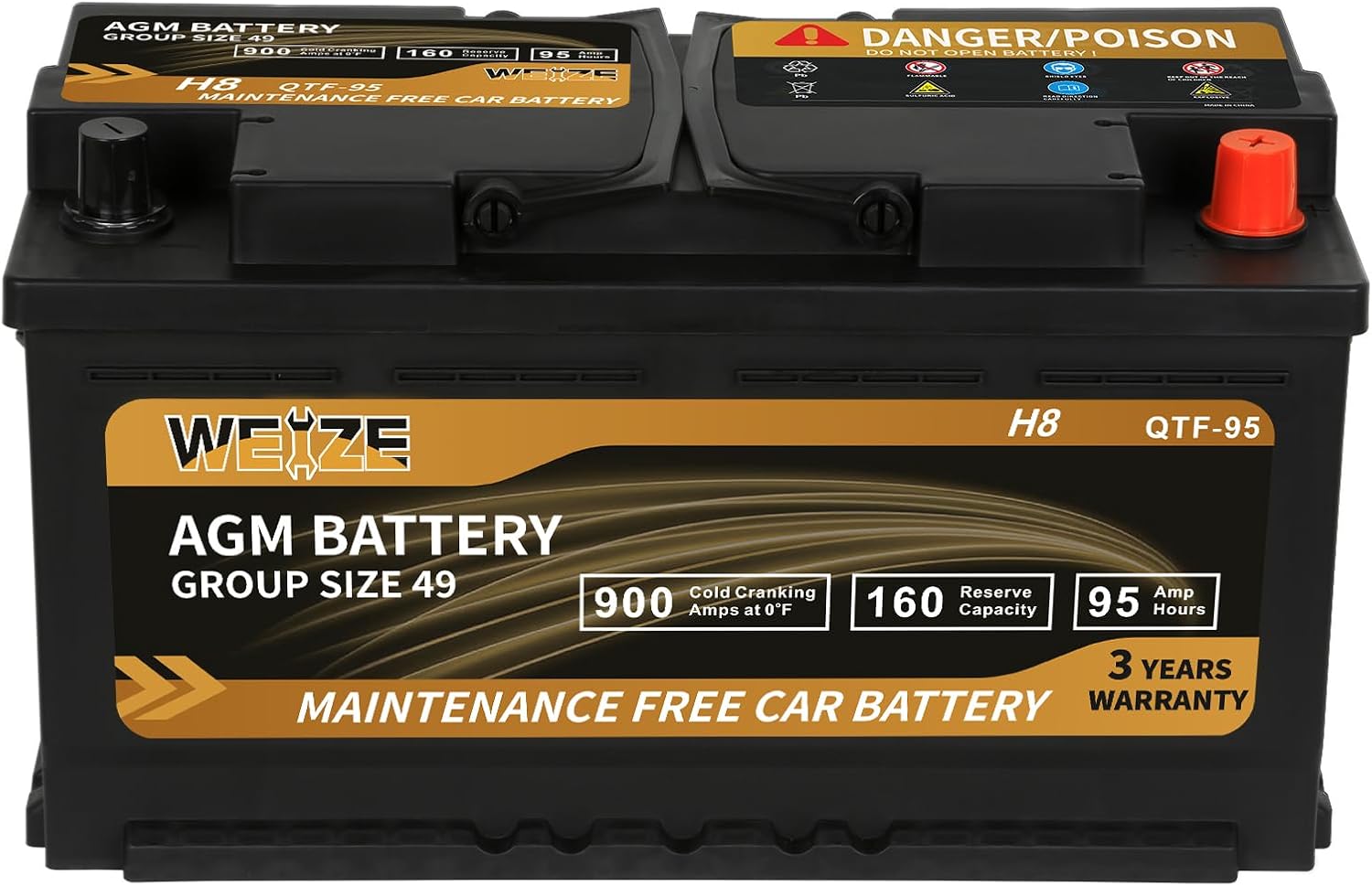 WEIZE Wise Series Group 49 AGM Car Battery – 12V 95Ah H8 Automotive Replacement Battery