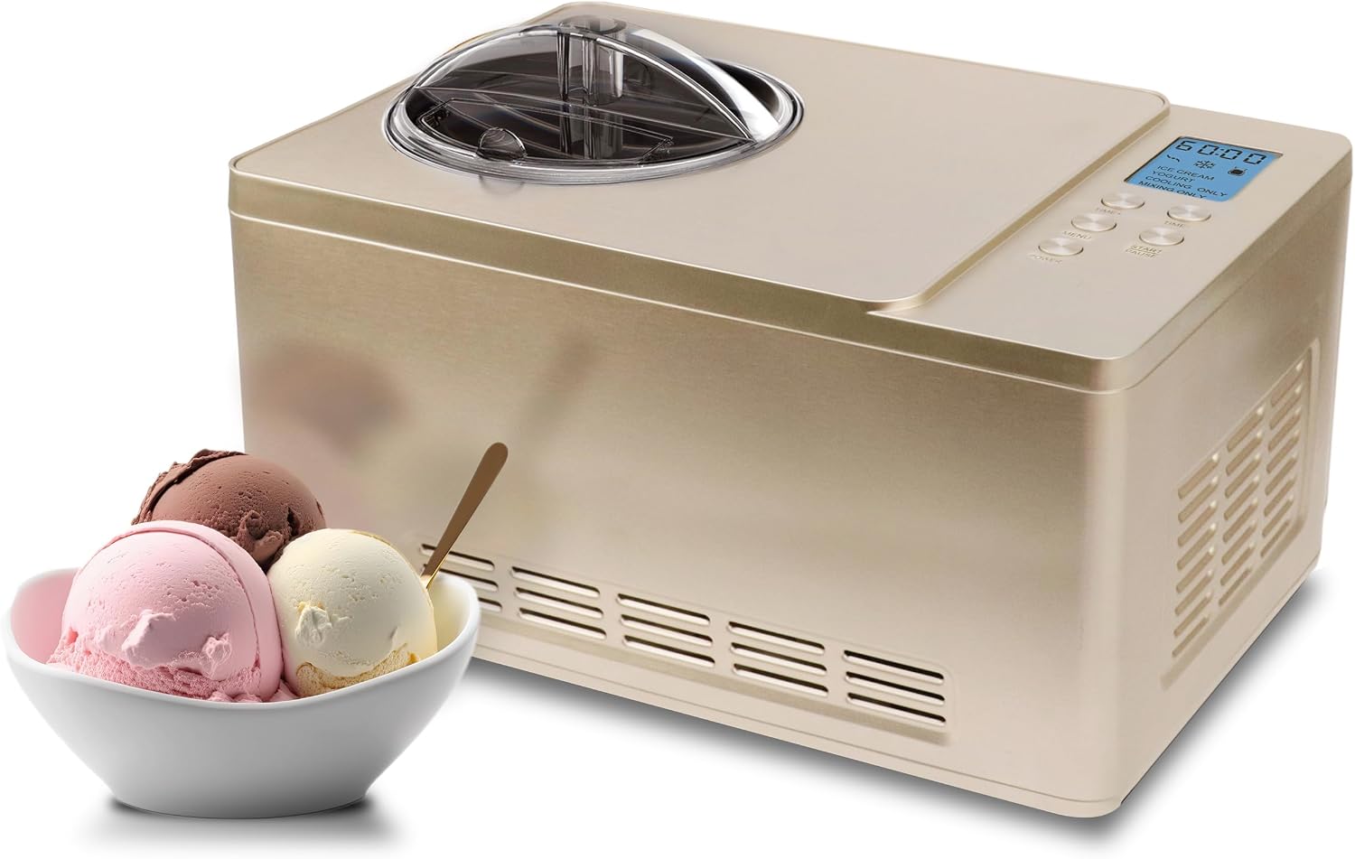 Whynter Ice Cream Maker Machine & Yogurt Automatic 2 Qt w Built-in Compressor, LCD Digital Display & Timer, No Pre-Freezing, Champagne Gold