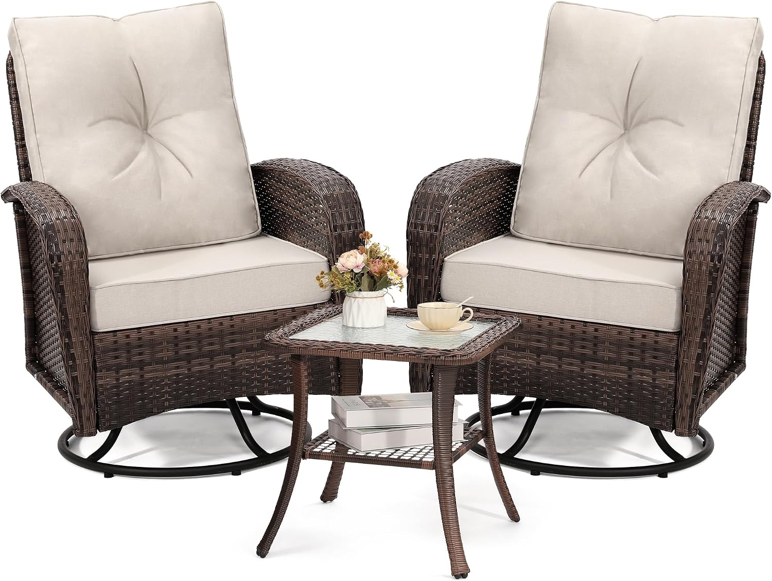 Wildformers 2 Luxury Outdoor Swivel Glider Chairs Set, Table Included for Patio, Porch, Deck, Balcony – Brown Rattan & Beige Cushions