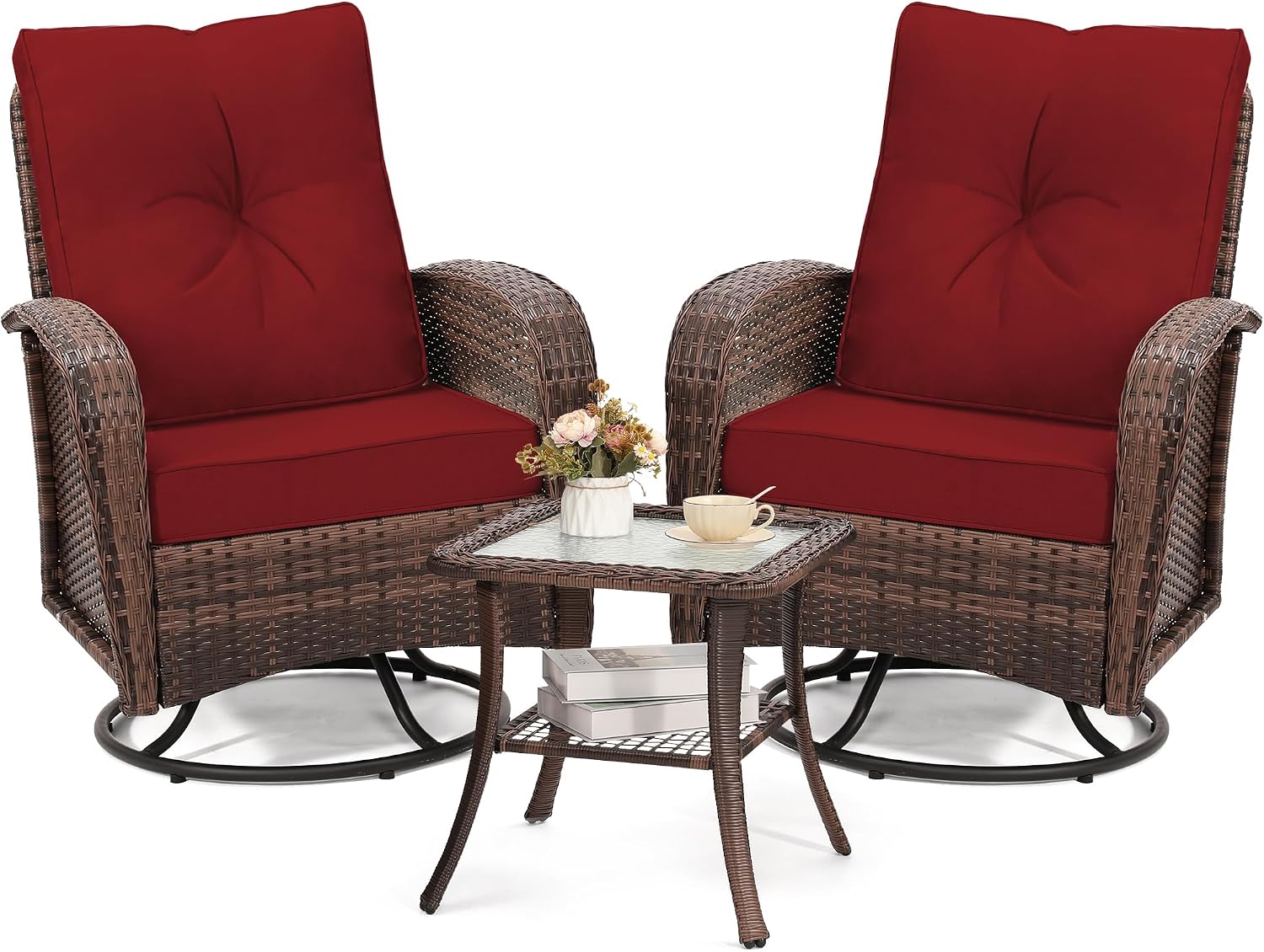 Wildformers 2 Luxury Outdoor Swivel Glider Chairs Set, Table Included for Patio, Porch, Deck, Balcony – Brown Rattan & Red Cushions