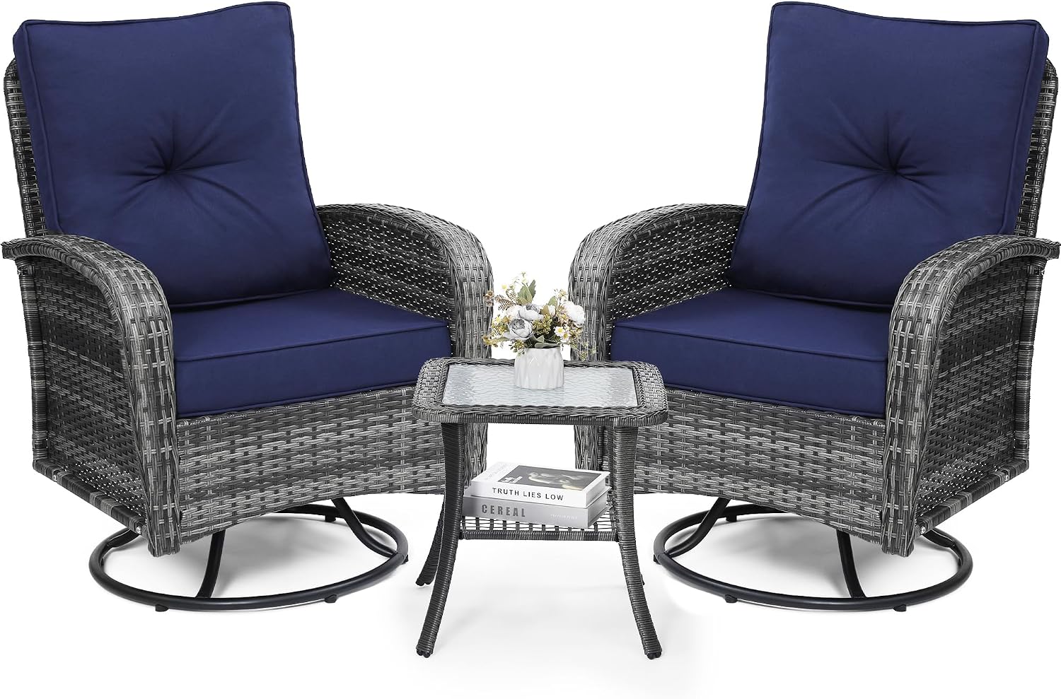 Wildformers 2 Luxury Outdoor Swivel Glider Chairs Set, Table Included for Patio, Porch, Deck, Balcony – Grey Rattan & Blue Cushions