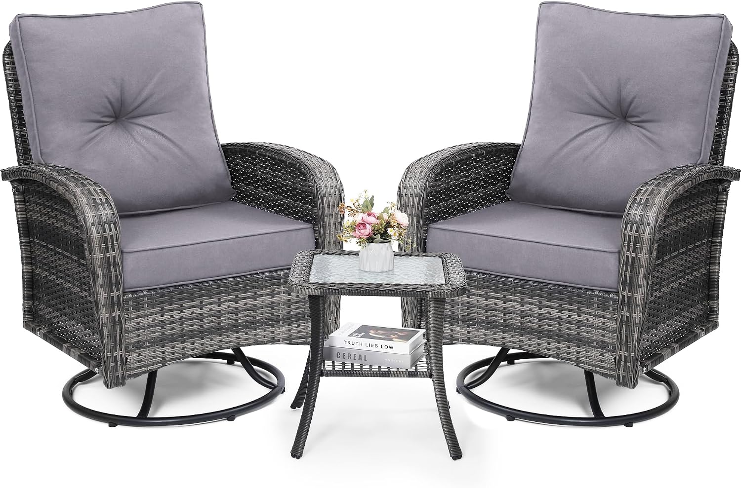 Wildformers 2 Luxury Outdoor Swivel Glider Chairs Set, Table Included for Patio, Porch, Deck, Balcony – Grey Rattan & Grey Cushions