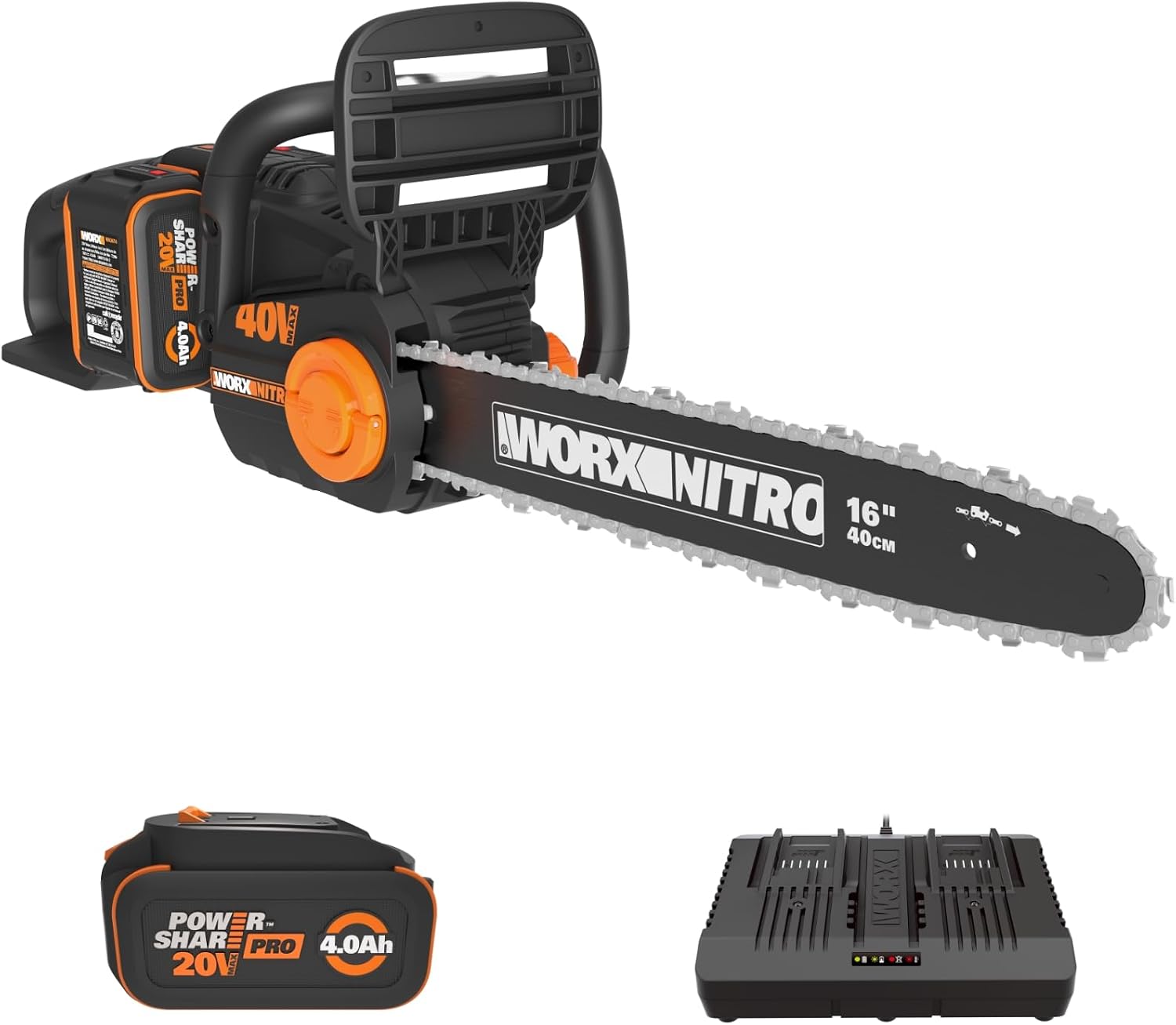Worx Nitro 40V 16″ Cordless Brushless Chainsaw 4.0 Ah Battery and Charger Included WG385