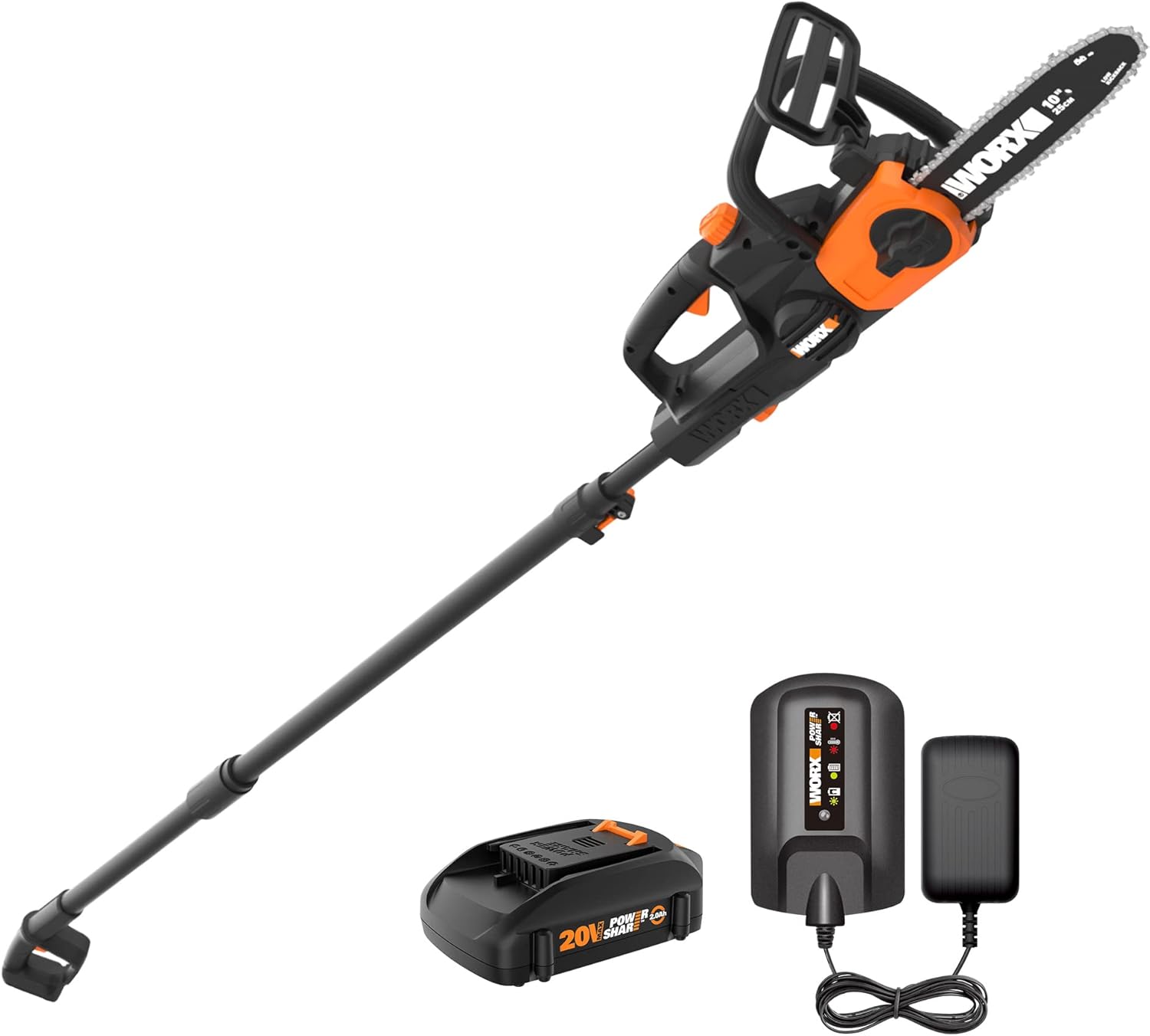 Worx WG323 20V Power Share 10″ Cordless Pole/Chain Saw with Auto-Tension (Battery & Charger Included)