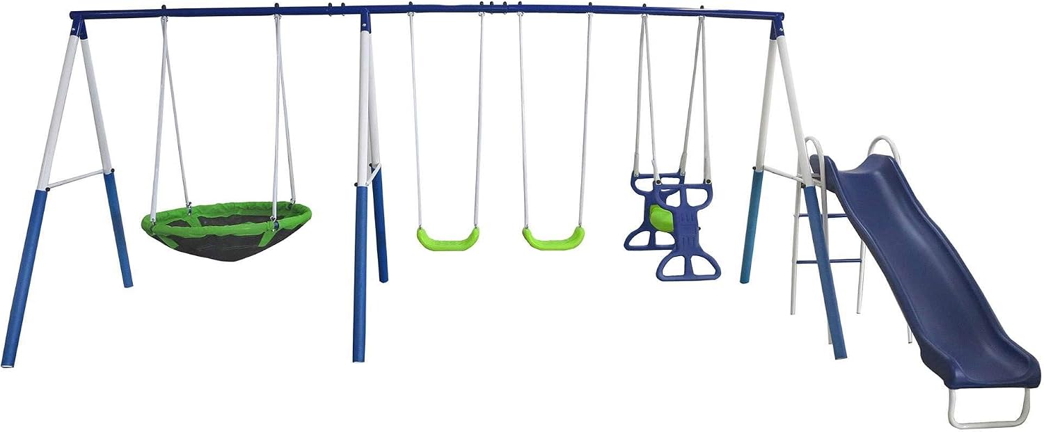 XDP Recreation All Star Playground Outdoor Swing Set, Rider, Super Disc & Slide