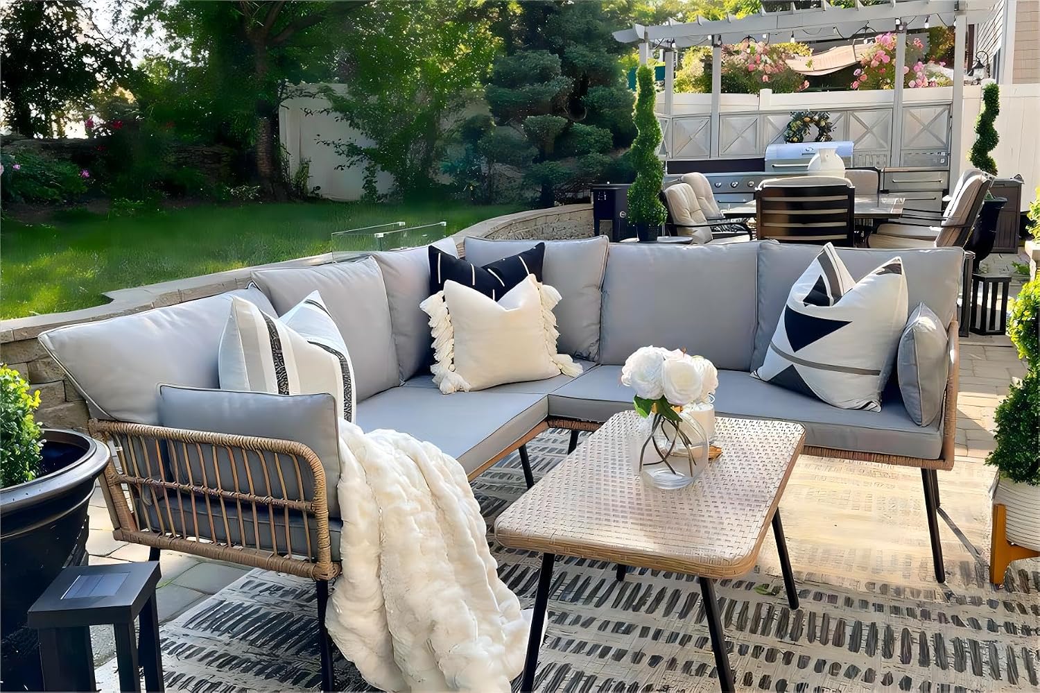 YITAHOME 4-Piece Patio Set – Outdoor Wicker L-Shaped Sofa with Cushions, Side Table & Detachable Lounger, 5-Seater, Grey