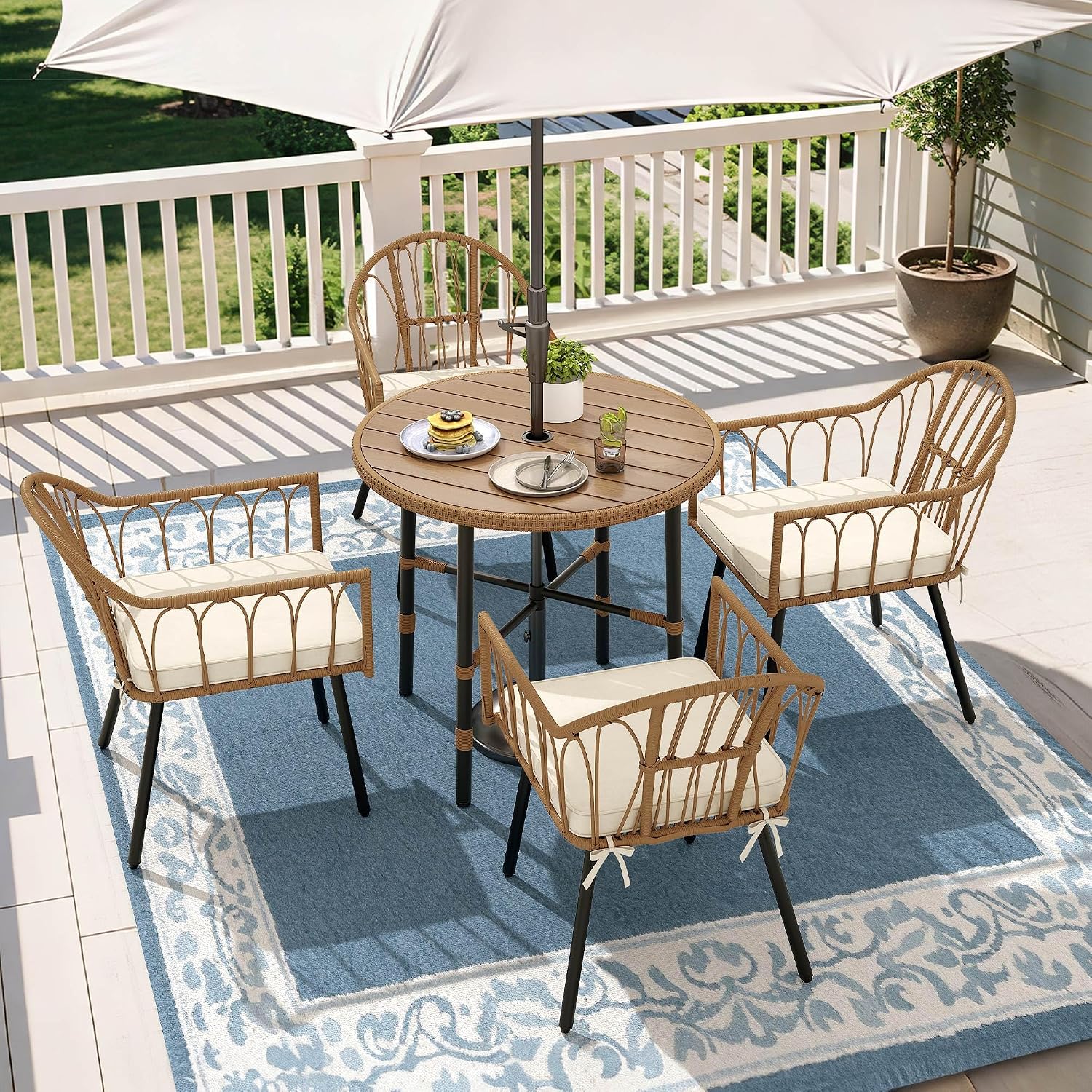 YITAHOME 5-Piece Patio Dining Set – Outdoor Rattan Table & Chairs w Umbrella Hole for Garden, Balcony, or Backyard Use – Round Table & 4 Chairs