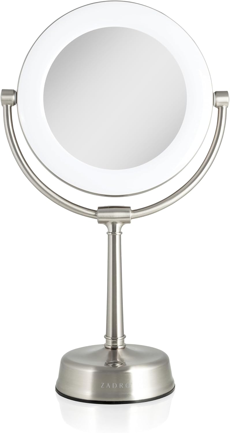 Zadro Lexington LED Makeup Mirror – 10X/1X Magnification, 2-Sided Swivel, 12”H Vanity Mirror, Satin Nickel Finish